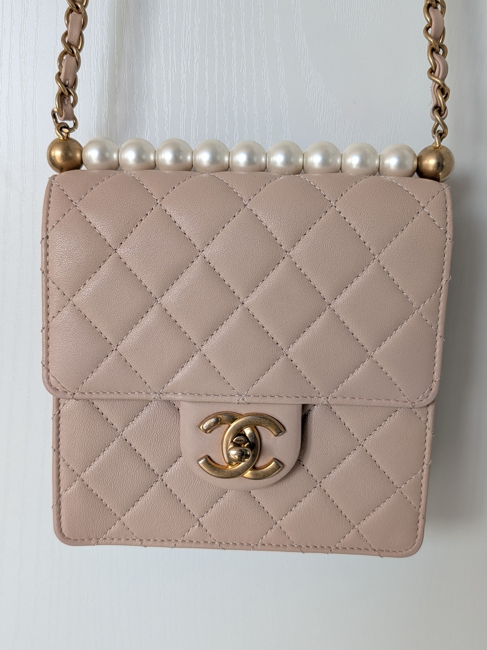 CHANEL Light Pink Quilted Lambskin Vertical Chic Pearls Flap Bag
